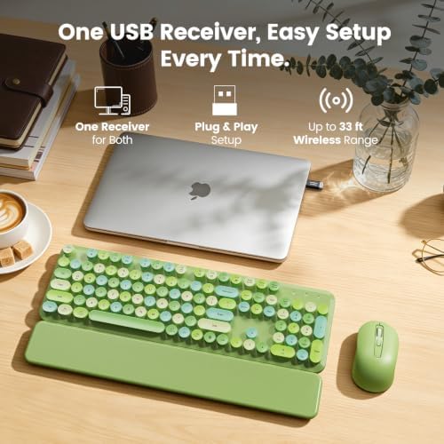 Wireless Keyboard and Mouse Combo, Magnetic Wrist Rest, Round Keycap, Green