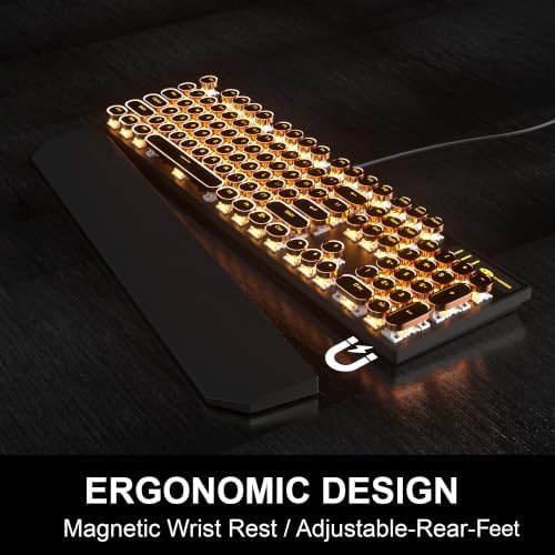 MageGee Typewriter Mechanical Gaming Keyboard, Retro Round Golden Electroplated Keycaps, LED Orange Backlit Wired Keyboards for Laptop PC Gamer, with Magnetic Wrist Rest, Metal Panel, Blue Switch