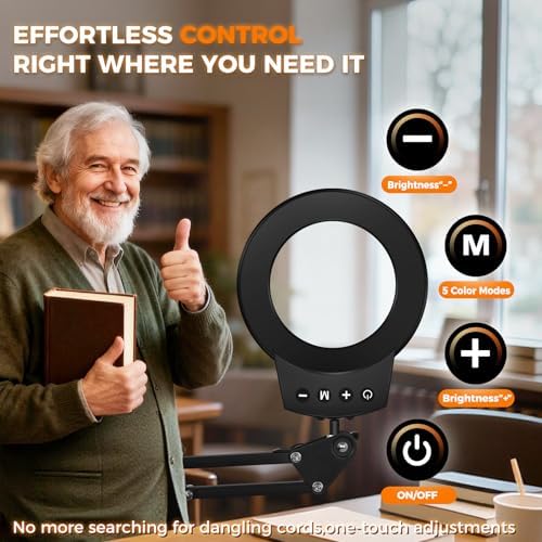 NOEVSBIG Magnifying Glass with Light 10X Desktop Lamp Close Work Up for Desk Crafting, Reading, Sewing, Panting, Soldering, Ultra 3-Section Swing Arm Design for Large Workbench, Hands Free Magnifier