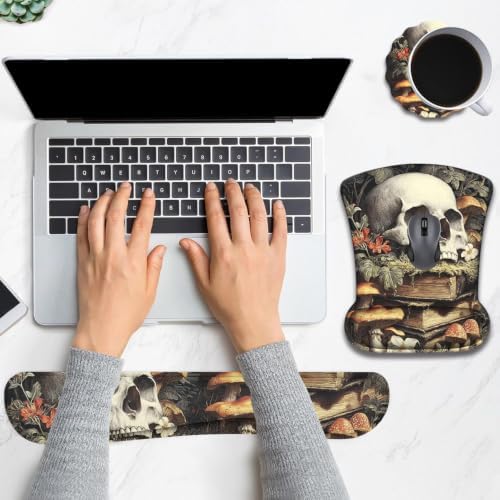Ergonomic Keyboard Wrist Rest & Mouse Wrist Support Set with Lace Coaster, Gel Memory Foam Anti-Slip Base, Pain Relief for Typing, Gothic Skull & Mushroom