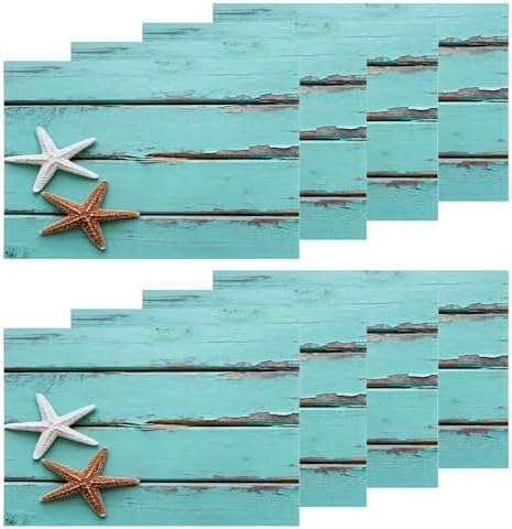 Shrahala Antique Rustic Teal Blue Set of 8 12 X 18 Inch Linen Placemats, Gold and White Starfish in Sand Border On Burlap Table Mat Washable Double Layered Heat Insulation for Indoor/Outdoor