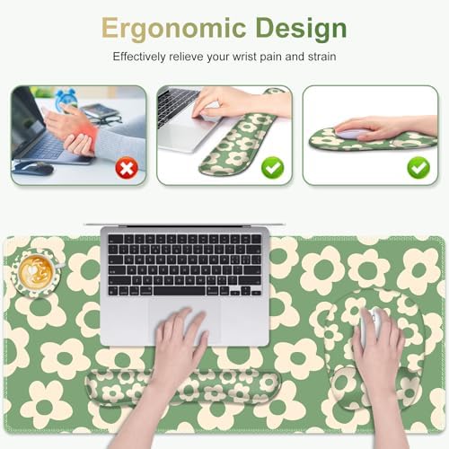 Large Mouse Pad with Wrist Support 4in1 Set, XXL Game Mousepad +Keyboard Wrist Rest+Mouse Wrist Rest+Coaster Ergonomic Design Gaming Mat for Home Office Table Computer I Vintage Groovy Flowers