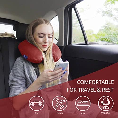 Fabuday Neck Pillows for Travel - Airplane Pillow for Long Flight with Attachable Snap Strap Washable Cover, Memory Foam Travel Rest Pillow for Airplanes, Plane, Neck Support for Adults Red