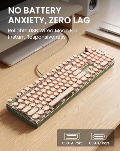 Wired Typewriter Style Mechanical Keyboard, Media Knob, Soft Clack-Green