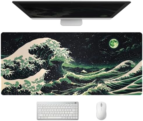 Extended Japanese Great Wave Desk Mat, XXL Large Gaming Mouse Pad, Moonlit Ocean Stitched Edges Waterproof with Non-Slip Rubber Base for Computer Keyboard Laptop Work Home Office 35.4"x15.7"