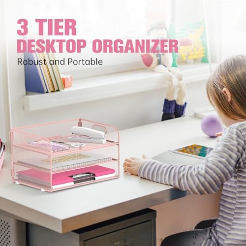 DALTACK 3 Tier Paper Organizer for Desk, Sliding Paper Trays, Pink