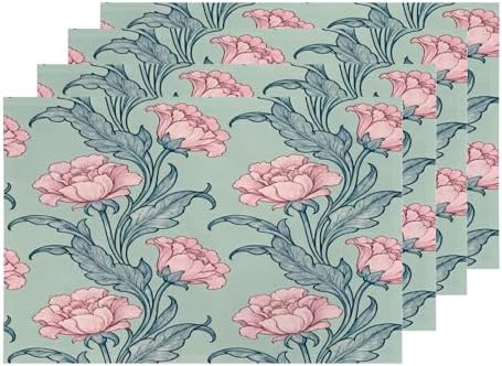 Shrahala Bloom Floral Garden Set Of 4 12 X 18 Inch Linen Placemats , Flourish Ornamental Blossom Rose Burlap Table Mat Washable Double Layered Heat Insulation For Indoor/Outdoor