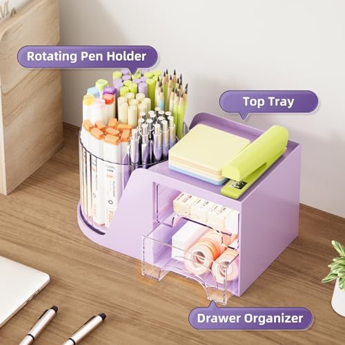 Marbrasse Desk Organizer with 2 Drawer, 360°Rotating Pen Holder, Desk Organizers and Accessories with 6 Slots Pencil Holder + 2 Drawer, Art Supply Storage Box Caddy for Office (Purple)