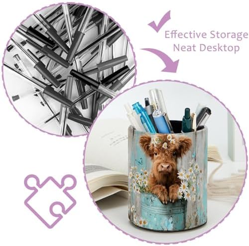 Leather Pen Holder for Desk, Highland Cow Flower Pencil Cup Pen Organizer Makeup Brush Holder for Office Home Kids Countertop Desk Accessory Storage