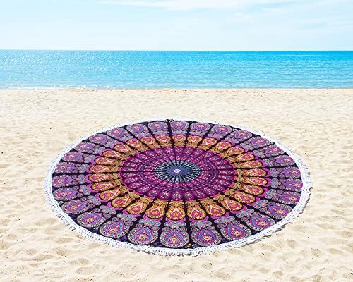 Round Beach Tapestry Turquoise Mandala Throw/Boho Hippie Beach Blanket Roundie/Indian Cotton Bohemian Large Round Table Cloth-Home Decor/Yoga Mat Meditation Picnic Rug (42", Pink And Yellow)