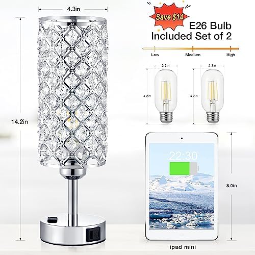 Silver Crystal Lamps Set of 2, 3-Way Dimmable Touch Lamps for Nightstand
