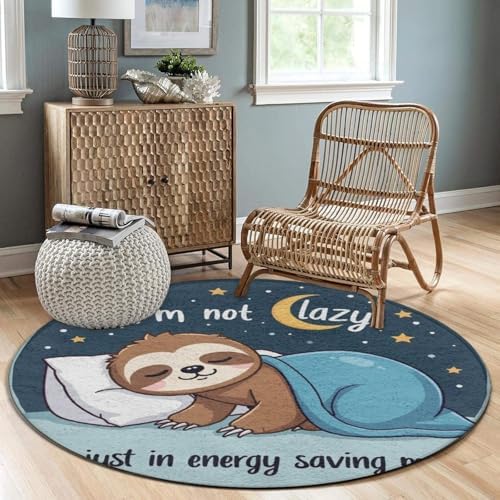 Large Machine Washable Circular Rugs, Home Decor Round Mat for Living Room Sofa Office Cute Sloth