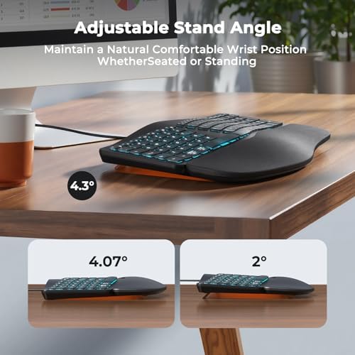 MEETION Wired Ergonomic Keyboard with Backlit Keys and Wrist Rest, Black