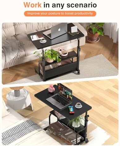 QZMDSM Portable Rolling Desk on Wheels Adjustable Height Desks for Small Spaces, 32" Computer Desk Drafting Tables with Storage Shelves for Home Office Black