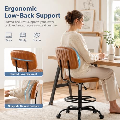 Simple Deluxe Armless Drafting Chair, Low Back PU Leather Office Seat with Footrest Ring, Swivel Rolling Stool for Standing Desk, Studio, Lab, Counter and Small Spaces, Brown