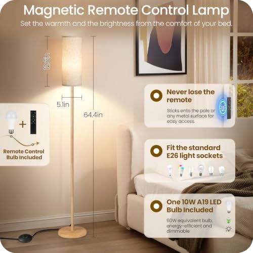 2 Pack Wooden Textured Pole Lamps, Dimmable Floor Lamp for Living Room with Remote and Foot Switch, 64.4” Standing Tall Lamp, Corner Light for Bedroom, Bulb Included, 3000K-6500K, XE06LDP205W1