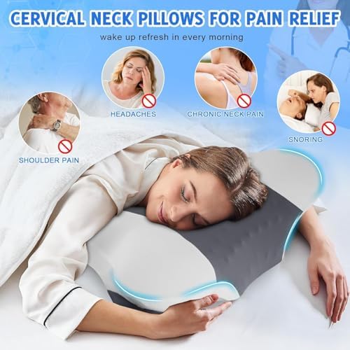 Cervical Neck Pillow for Side Sleeper - Memory Foam Pillows Ergonomic Neck Support for Pain Relief Contour Memory Foam - Adjustable Orthopedic Bed Pillows with Breathable Pillowcase (Black-Gray)