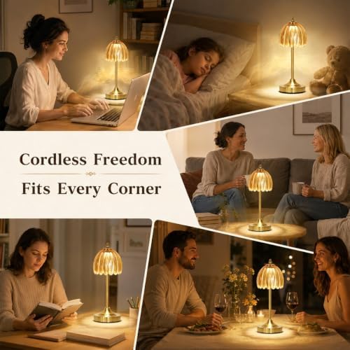 Glass Tulip Table Lamp, Cordless Rechargeable Desk Lamp - Amber