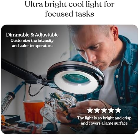 Brightech LightView Pro Magnifying Desk Lamp, 2.25x Light Magnifier with Clamp, Adjustable Magnifying Glass with Light for Crafts, Reading, Close Work - Black
