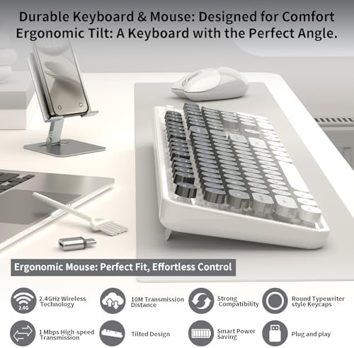 Creamy Wireless Keyboard and Mouse, MOFII 104 Round Keycaps Retro Typewriter with OTG & Brush, Full-Size Ergonomic, Ideal for Windows PC, Home, Office and College Gray White