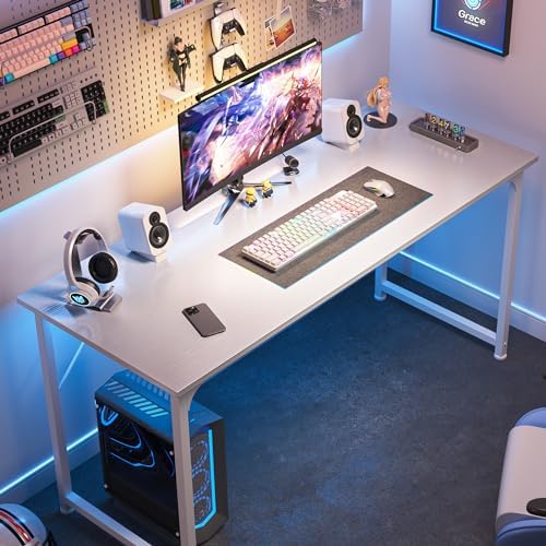 Huuger Computer Desk, 55 Inch Home Office Desk, Gaming Writing Work from Home Study Desk, Large Legroom, Sturdy Metal Frame, Modern Simple, White