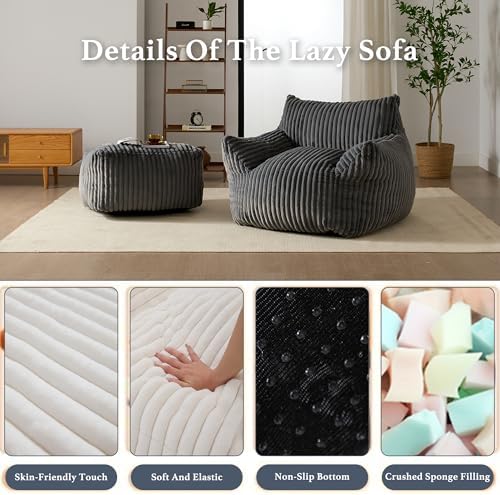 Gericco Oversized Bean Bag Chaise Lounge Chair with Ottoman for Adults