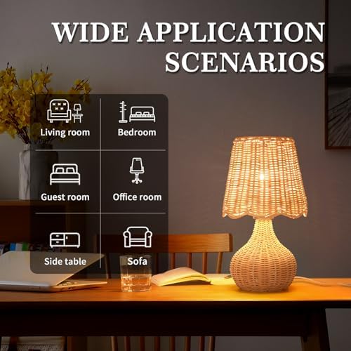 Ziqqeelam Rattan Small Bedside Table Lamp for Bedroom, Boho Mini Table Lamps for Nightstand, Farmhouse Small Table Lamps for Small Spaces for Kitchen Counter, Bookshelf, Bedroom, Kids Dorm