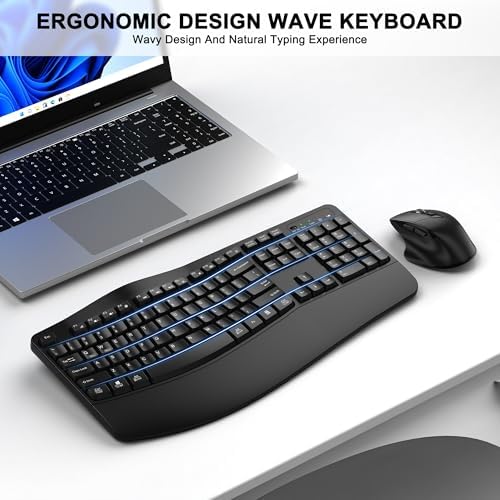 Wireless Keyboard and Mouse Combo, 2.4G Ergonomic Wave Keys(Black)