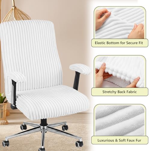 Tegeme Set of 4 Faux Fur Office Chair Covers with Armrest Covers, White