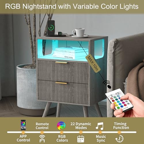 JOONEE Nightstand with Charging Station and LED Lights,Modern Bedside Table with 2 Storage Drawer and Open Wood Shelf, for Bedroom and Small Spaces,Night Stand with Solid Wood Legs,GreyOak