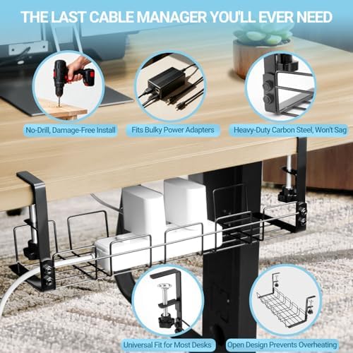 Under Desk Cable Management Tray, 15.7'' Metal Wire Organizer with Clamp, No Drill Desk Cord Rack for Cable Management, Computer Wire Organizer for Office and Home – Sturdy & Scratch-Free