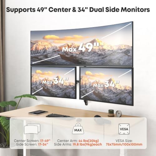 PUTORSEN Triple Monitor Wall Mount for Up to 49" Screens, Holds 44 lbs