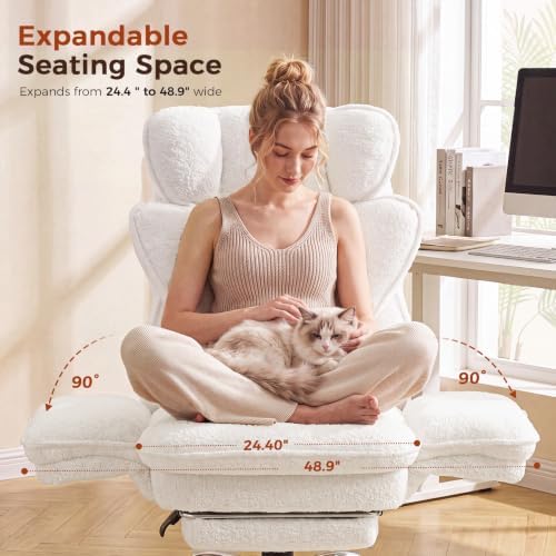 GTPLAYER Big and Tall Office Chair Flip Armrests Criss Cross Desk Chair with Pocket Spring Cushion & Ergonomic Lumbar Support for Lower Back Pain Relief Wide Seat Comfy Teddy Fleece,White