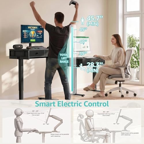 KLUVIS Black Sit Stand Desk with Drawers, 32 Inch Electric Standing Desk with Storage, Small Space Stand Up Computer Desks for Home Office Bedroom, Study Writing Desks for Walking Pad