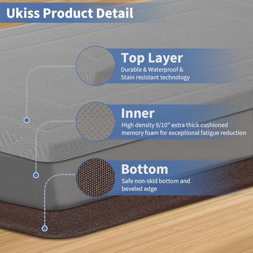 UKISS 9/10"" Extra Thick Cushioned Anti Fatigue Kitchen Mat, Waterproof High Density Foam Standing Desk Mat, Non-Slip Ergonomic Comfort Mat for Kitchen, Office,Workstation (Grey, 20" X 32")
