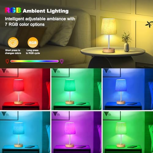 Wowag Small Cordless Table Lamp,5000mAh Rechargeable Battery Operated Desk Lamp,3 Colors & 7 RGB Stepless Dimmable, Portable Touch Bedside Night Light for Patio Restaurant Home,Wood Base,Flaxen Shade