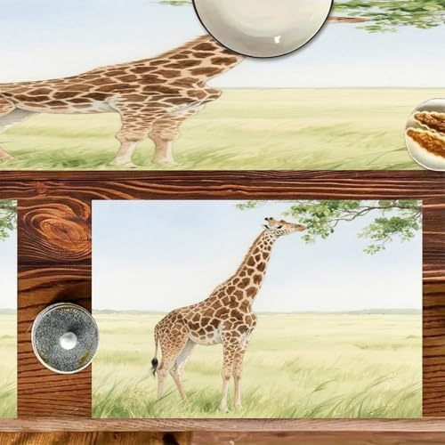 Linen Place Mats And Table Runner Set of 7 Heat Resistant Non-Slip Table Mats Boho Farmhouse Washable Giraffe Stretching Its Neck to Eat Leaves Placemats for Kitchen Dining Party Holiday Wedding Table