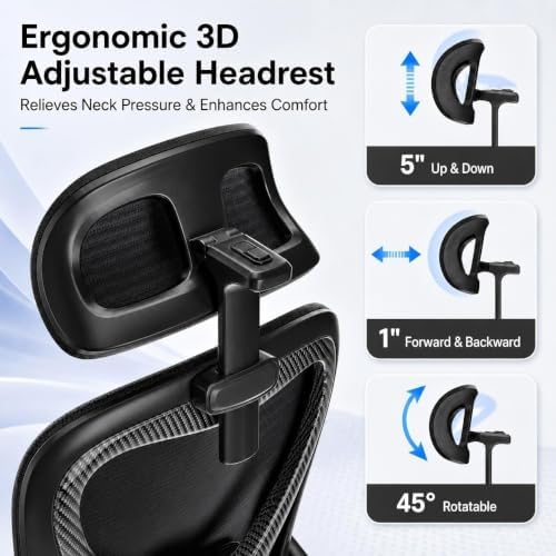 Ergonomic Office Chair for Long Hours and Back Pain Relief, Space-Saving Design with Adjustable Lumbar Support, Flip-Up Arms, 3D Headrest, Tilt & Rock, 330 LBS, Black/Carbon Fiber