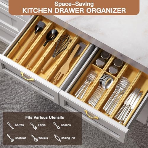 DUJEN 4 Packs Bamboo Drawer Organizer 2 pieces 12.6 * 6inches and 2 pieces 12.6 * 3.2inches, Adjustable 3 Individual Junk Drawer organizer for Bathroom and Kitchen