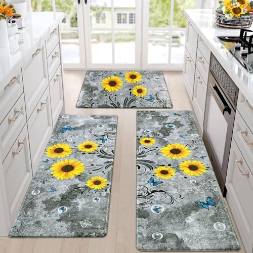 Likiyol Sunflower Kitchen Rugs Sets of 3 Kitchen Mats for Floor Anti Fatigue Mats for Kitchen Floor, Spring Floral Flower Non Slip Washable Standing Floor Mats, 18''x30''+18''x48''+18''x60''(Gray)