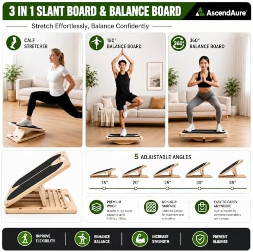 3-in-1 Slant Board & Balance Board, 6 Angle Adjustable Calf Stretcher, Wooden Incline Board for Squats, Ankle & Foot Stretching