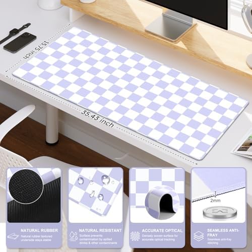 iCasso Desk Pad Mat, Cute Desk Matt for Desktop, Purple Checkered