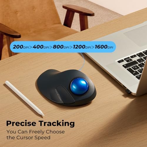 Wireless Ergonomic Trackball Mouse, Large Hands, 44mm Index Finger Control