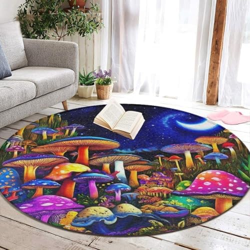 Machine Washable Modern Round Area Rug, Room Sofa Yoga Soft Round Carpet, Home Decor Non Slip Kitchen Office Circle Rug Magic Mushroom Mushrooms Scenery, 36inch