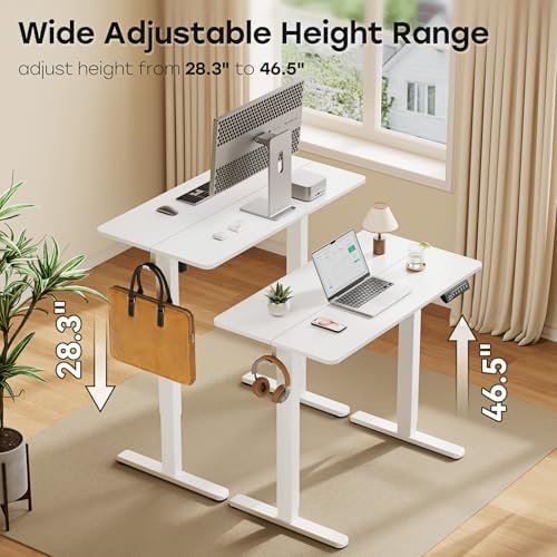 40" Electric Standing Desk, White Standing Desk with 2 Hooks