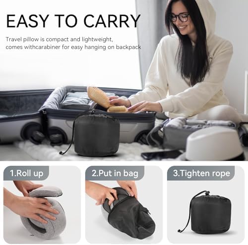 SZXYX Travel Pillows - 100% Pure Memory Foam Neck Pillow for Airplanes, Comfortable Breathable Cover, 360° Support Stowable Pillows for Sleeping, Car, Airport Travel Essentials, Dark Gray