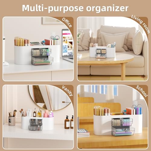 Marbrasse Desk Organizer Pen Holder for Desk with 3 Drawers, Multi-Functional Pencil Holder, Desk Organizers and Accessories with 7 Compartments for Home, School, Classroom(White)