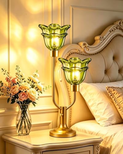 Green Glass Flower Table Lamp Vintage Dimmable 2 Bulbs Included
