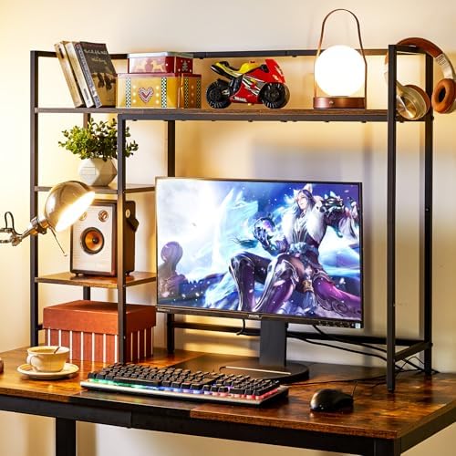 IBUYKE Desk Shelf,Computer Desktop Bookcase,37.8 Inch Multipurpose Wood Desk Hutch Bookshelf for Computer,4 Tier Desk Organizer for Office Home Dormitory,Brown TMZ005H