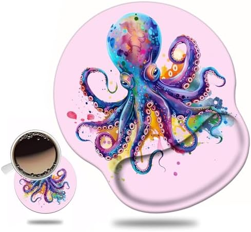 Ergonomic Mouse Pad Wrist Support and Cute Coffee Coaster, Non Slip PU Base Mouse Pad Wrist Rest for Computer, Office Gaming, Working, Easy Typing & Pain Relief, Colorful Octopus